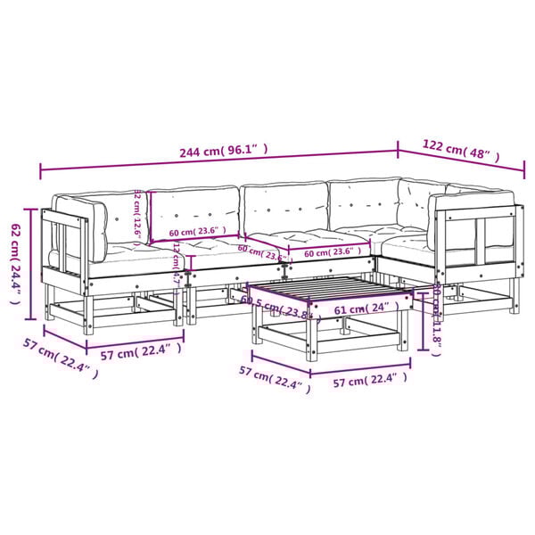 vidaXL 6 Piece Garden Lounge Set with Cushions White Solid Wood