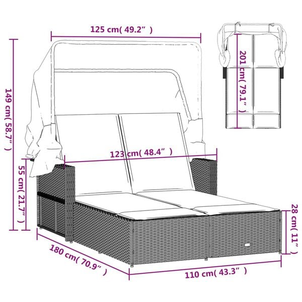 vidaXL Double Sun Lounger with Canopy and Cushions Grey Poly Rattan