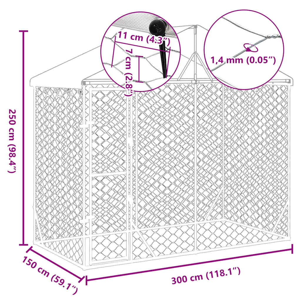 vidaXL Outdoor Dog Kennel with Roof Silver 3x1.5x2.5 m Galvanised Steel