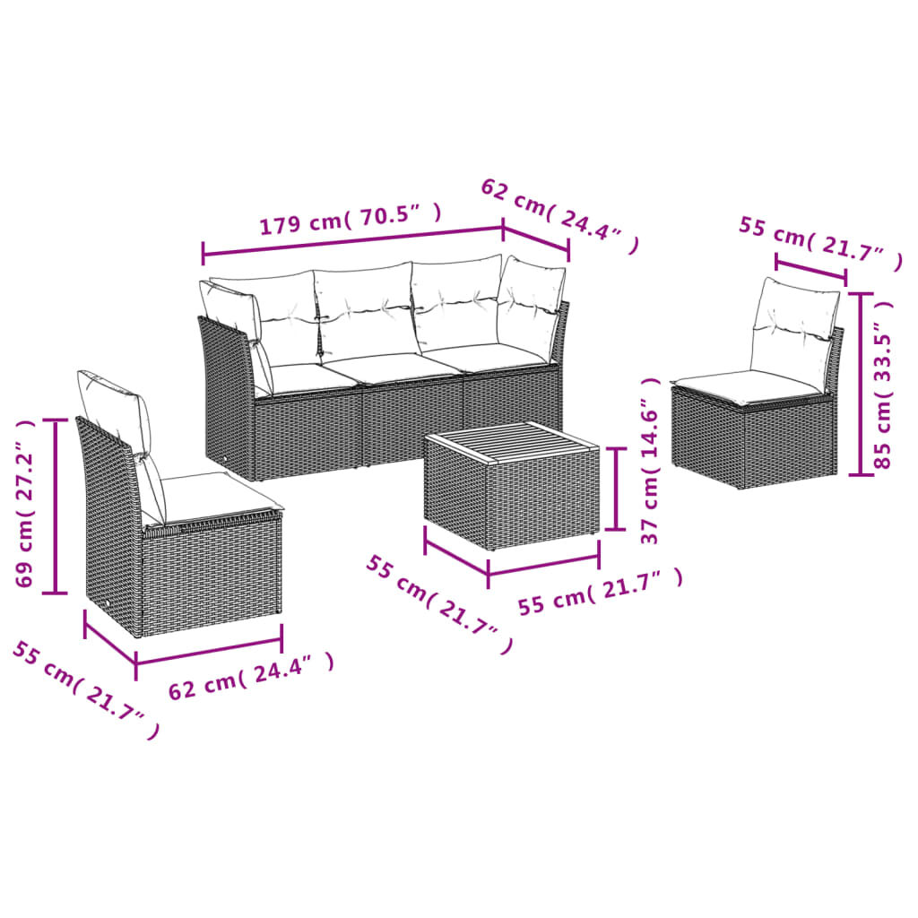 vidaXL 6 Piece Garden Sofa Set with Cushions Black Poly Rattan