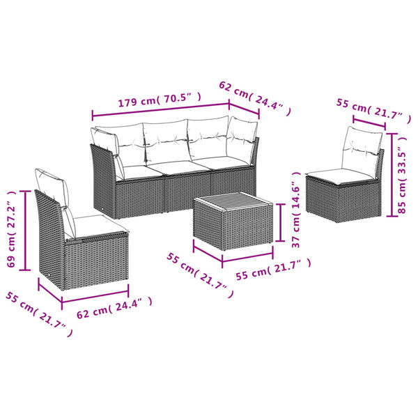 vidaXL 6 Piece Garden Sofa Set with Cushions Black Poly Rattan