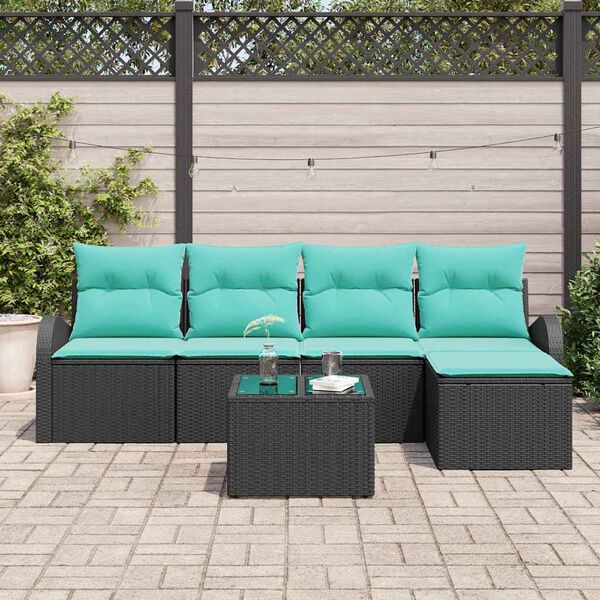 vidaXL Sofa Set with Cushion 6 pcs Black and Turquoise Poly Rattan