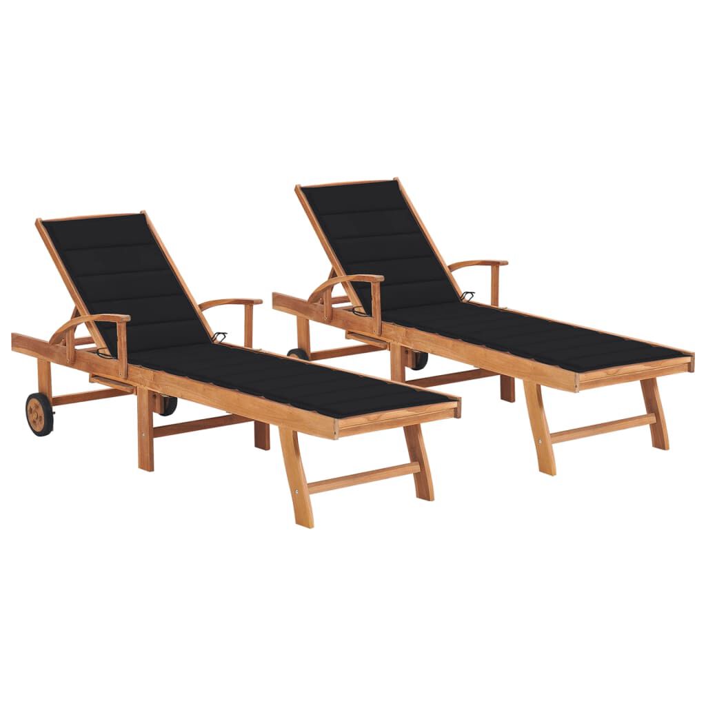 vidaXL Sun Loungers 2 pcs with Black Cushion Solid Teak Wood