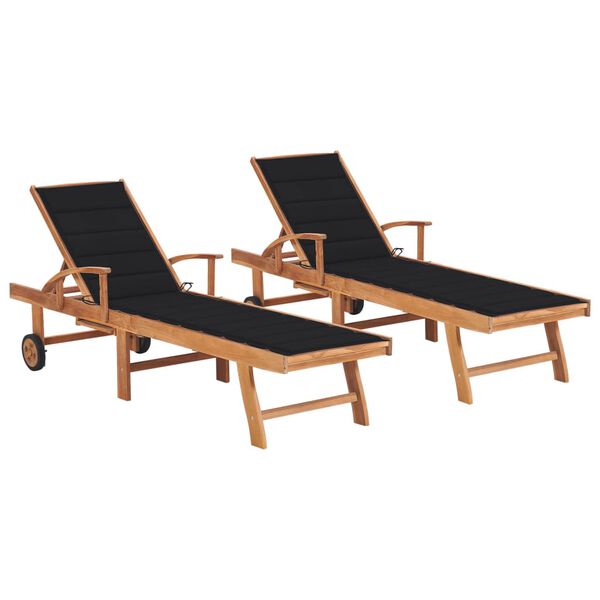 vidaXL Sun Loungers 2 pcs with Black Cushion Solid Teak Wood