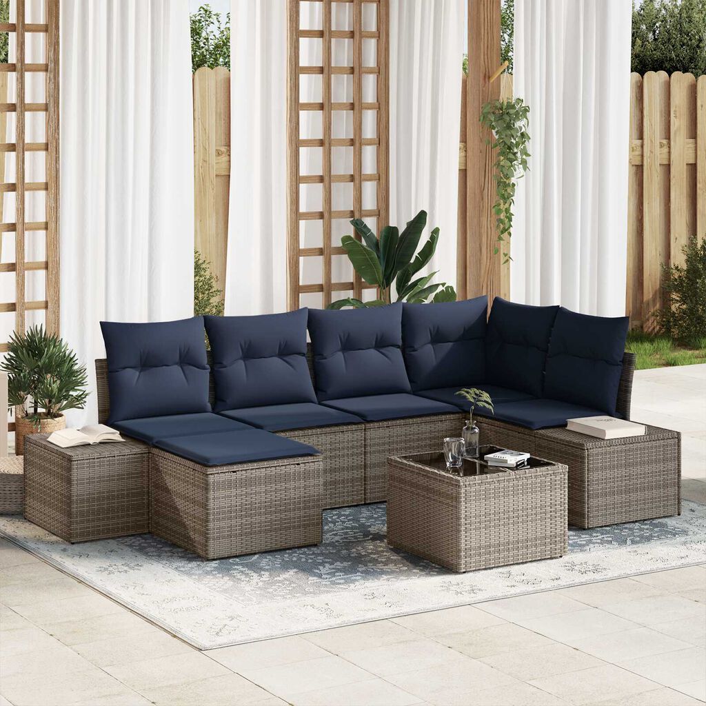 vidaXL 7 Piece Garden Sofa Set with Cushions Grey Poly Rattan