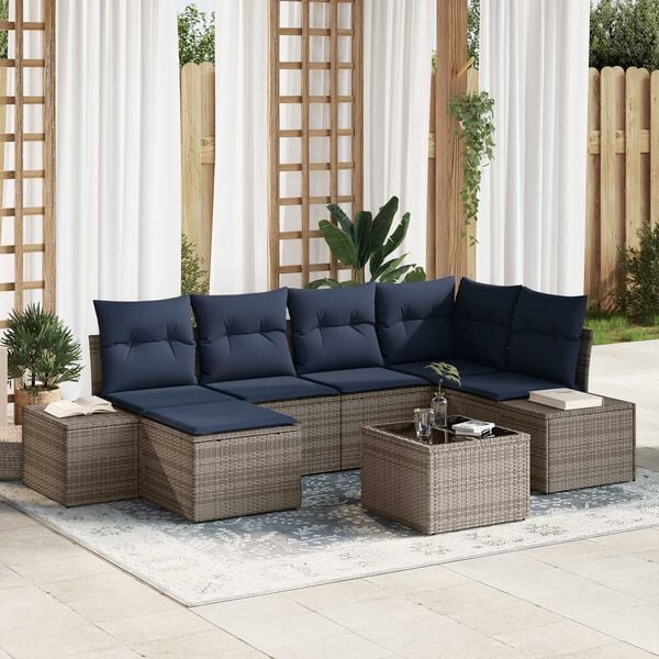vidaXL 7 Piece Garden Sofa Set with Cushions Grey Poly Rattan