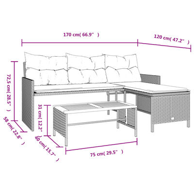 vidaXL Garden Sofa with Table and Cushions L-Shaped Beige Poly Rattan