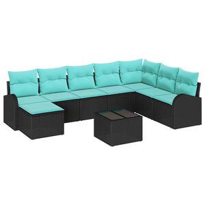 vidaXL Sofa Set with Cushion 9 pcs Black and Turquoise Poly Rattan