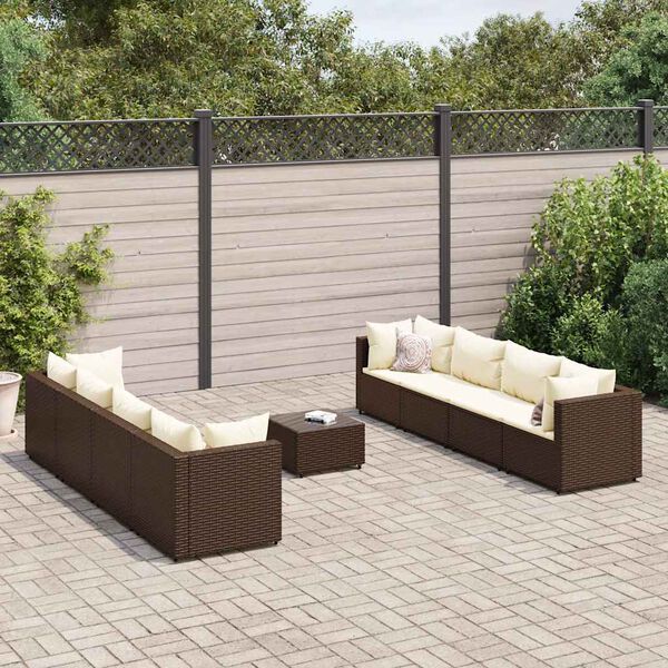 vidaXL 9 Piece Garden Lounge Set with Cushions Brown Poly Rattan