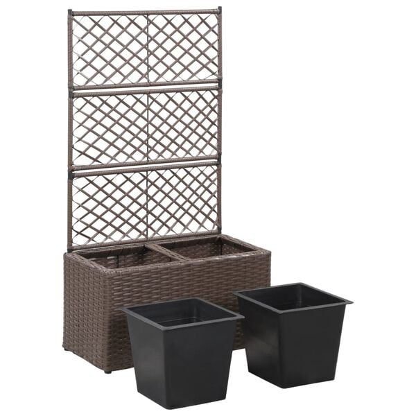 vidaXL Trellis Raised Bed with 2 Pots 58x30x107 cm Poly Rattan Brown