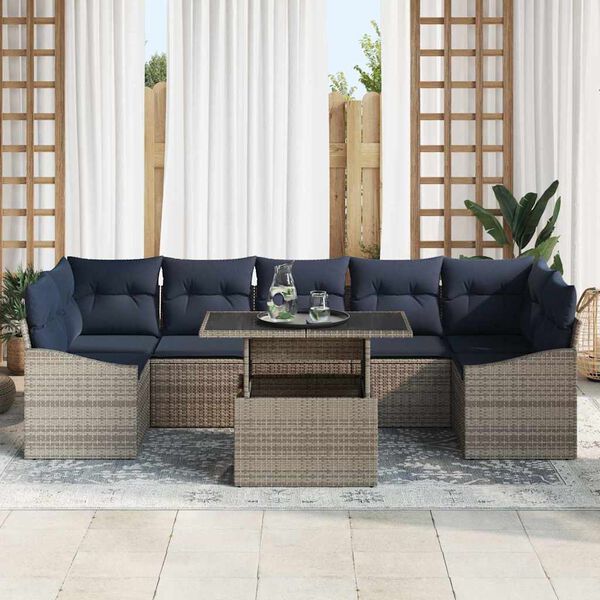 vidaXL Garden Sofa Set 8 pcs Grey and Navy Blue Poly Rattan