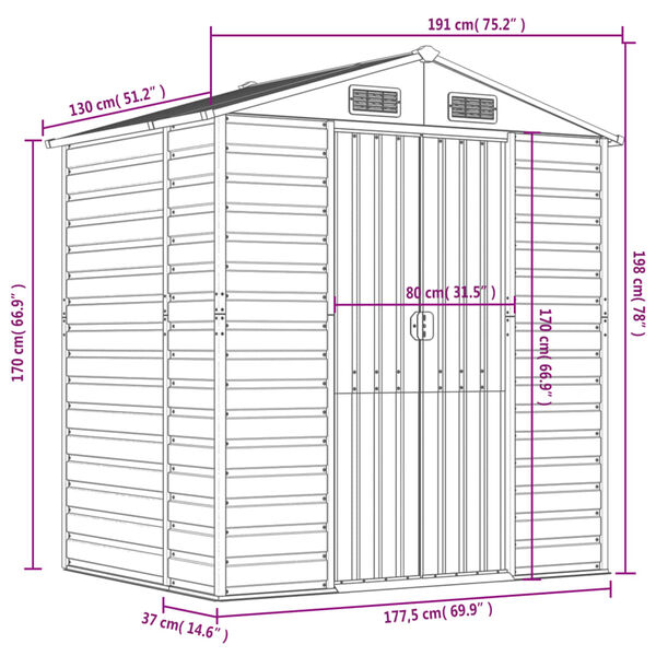 vidaXL Garden Shed Green 191x130x198 cm Galvanised Steel