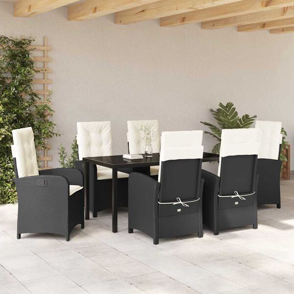 vidaXL Garden Dining Set with Cushion 7 pcs Black Poly Rattan