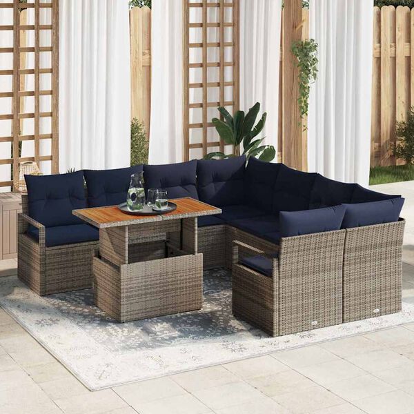 vidaXL Garden Dining Set with Cushion 9 pcs Grey and Navy