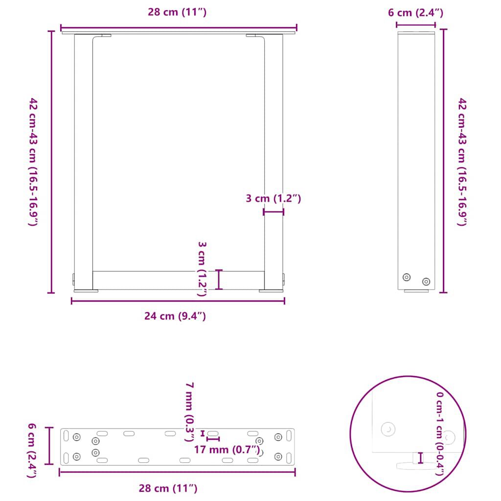 vidaXL Coffee Table Legs U-Shaped 2 pcs Black 28x(42-43) cm Steel