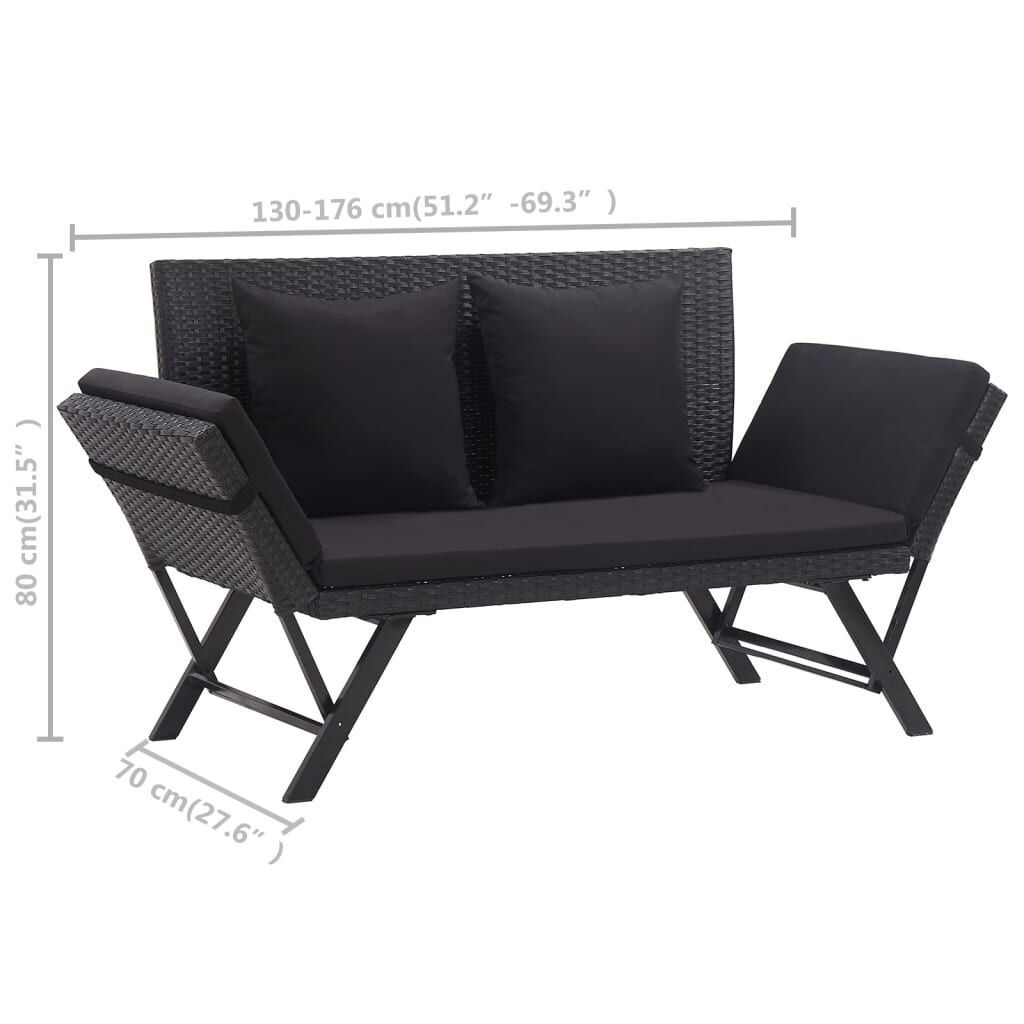 vidaXL Garden Bench with Cushions 176 cm Black Poly Rattan