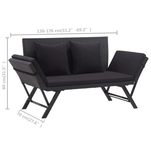 vidaXL Garden Bench with Cushions 176 cm Black Poly Rattan