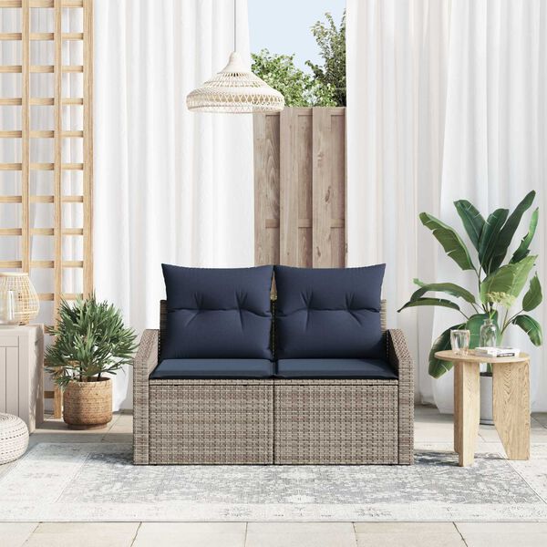 vidaXL 2-Seater Garden Sofa with Cushions Grey Poly Rattan
