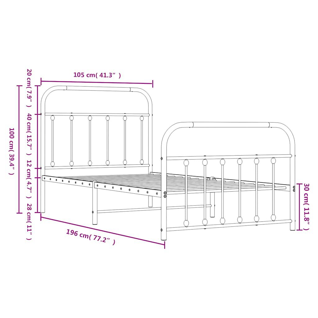 vidaXL Metal Bed Frame without Mattress with Footboard White 100x190cm