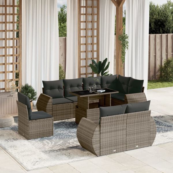 vidaXL 9 Piece Garden Sofa Set with Cushions Grey Poly Rattan