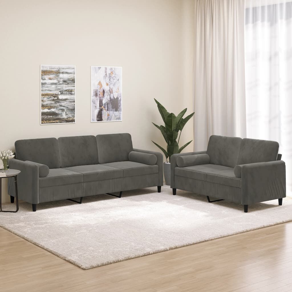 vidaXL 2 Piece Sofa Set with Throw Pillows&Cushions Dark Grey Velvet