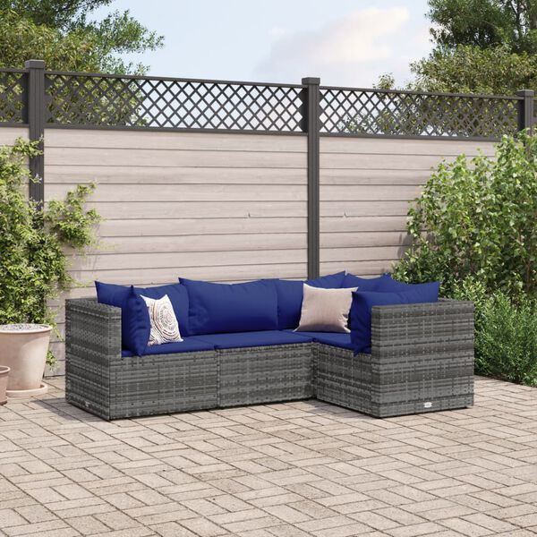 vidaXL 4 Piece Garden Lounge Set with Cushions Grey Poly Rattan