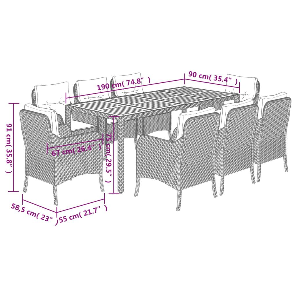 vidaXL 9 Piece Garden Dining Set with Cushions Black Poly Rattan