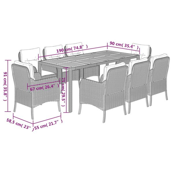 vidaXL 9 Piece Garden Dining Set with Cushions Black Poly Rattan