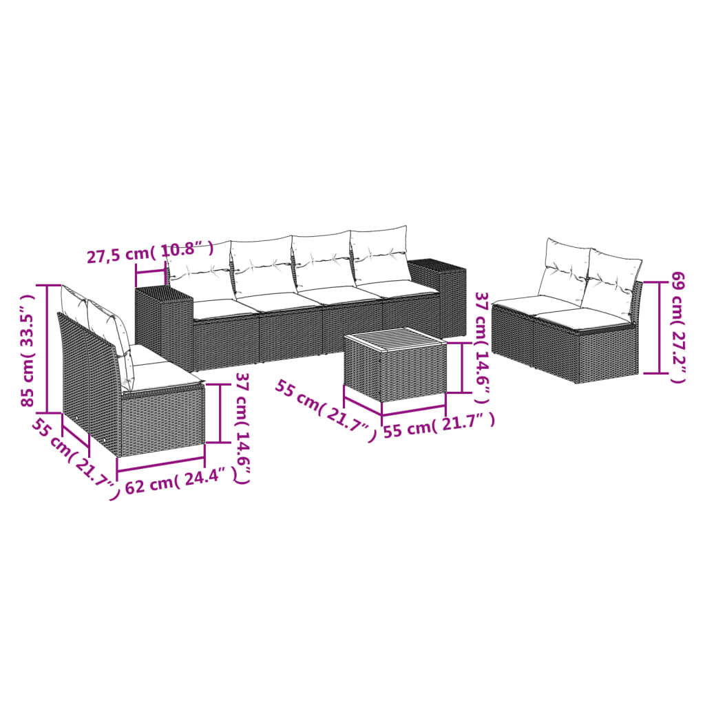 vidaXL 9 Piece Garden Sofa Set with Cushions Grey Poly Rattan
