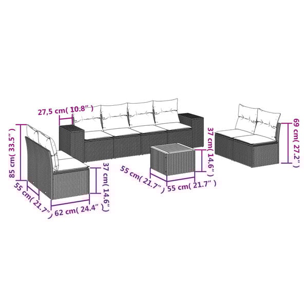 vidaXL 9 Piece Garden Sofa Set with Cushions Grey Poly Rattan