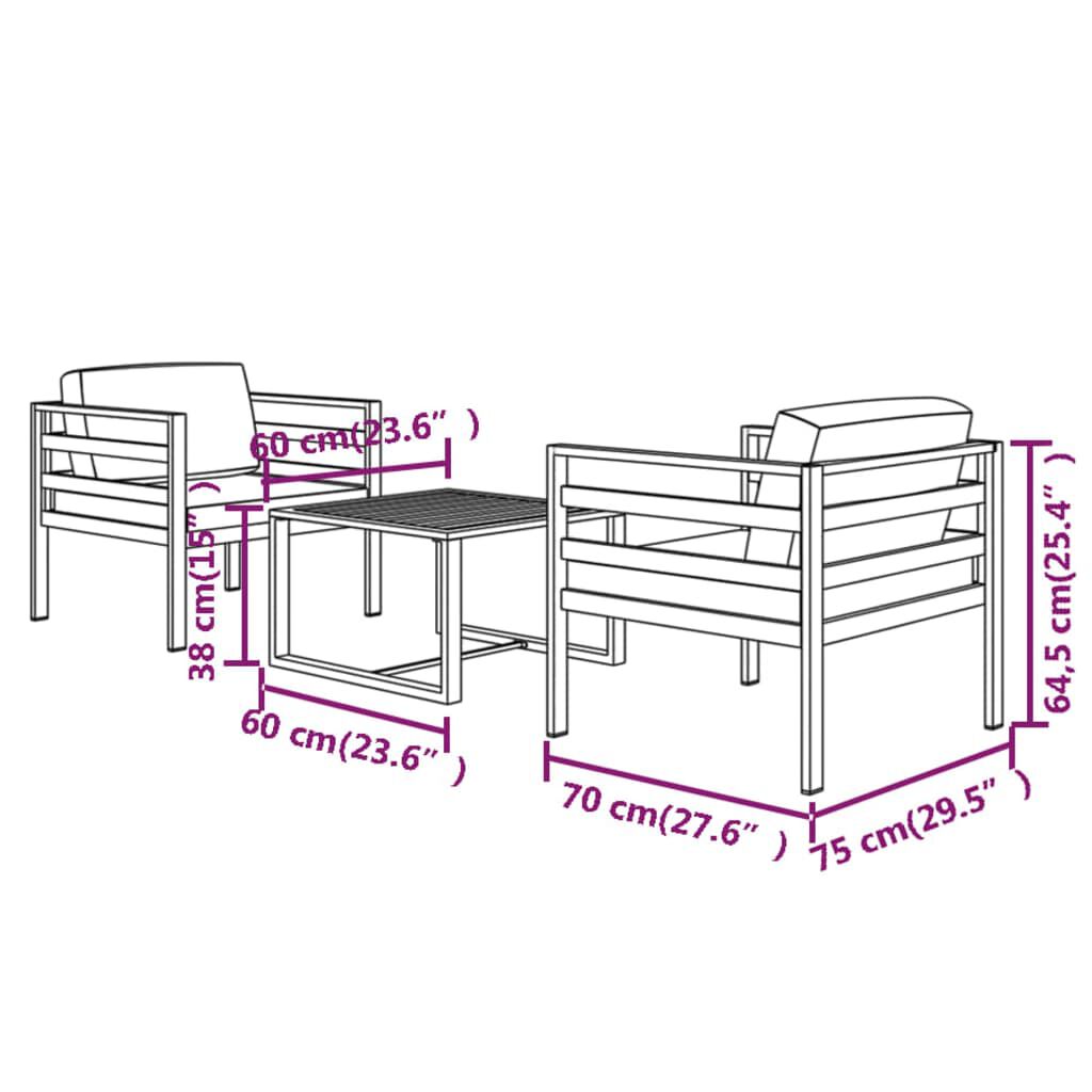 vidaXL 3 Piece Garden Lounge Set with Cushions Aluminium Anthracite