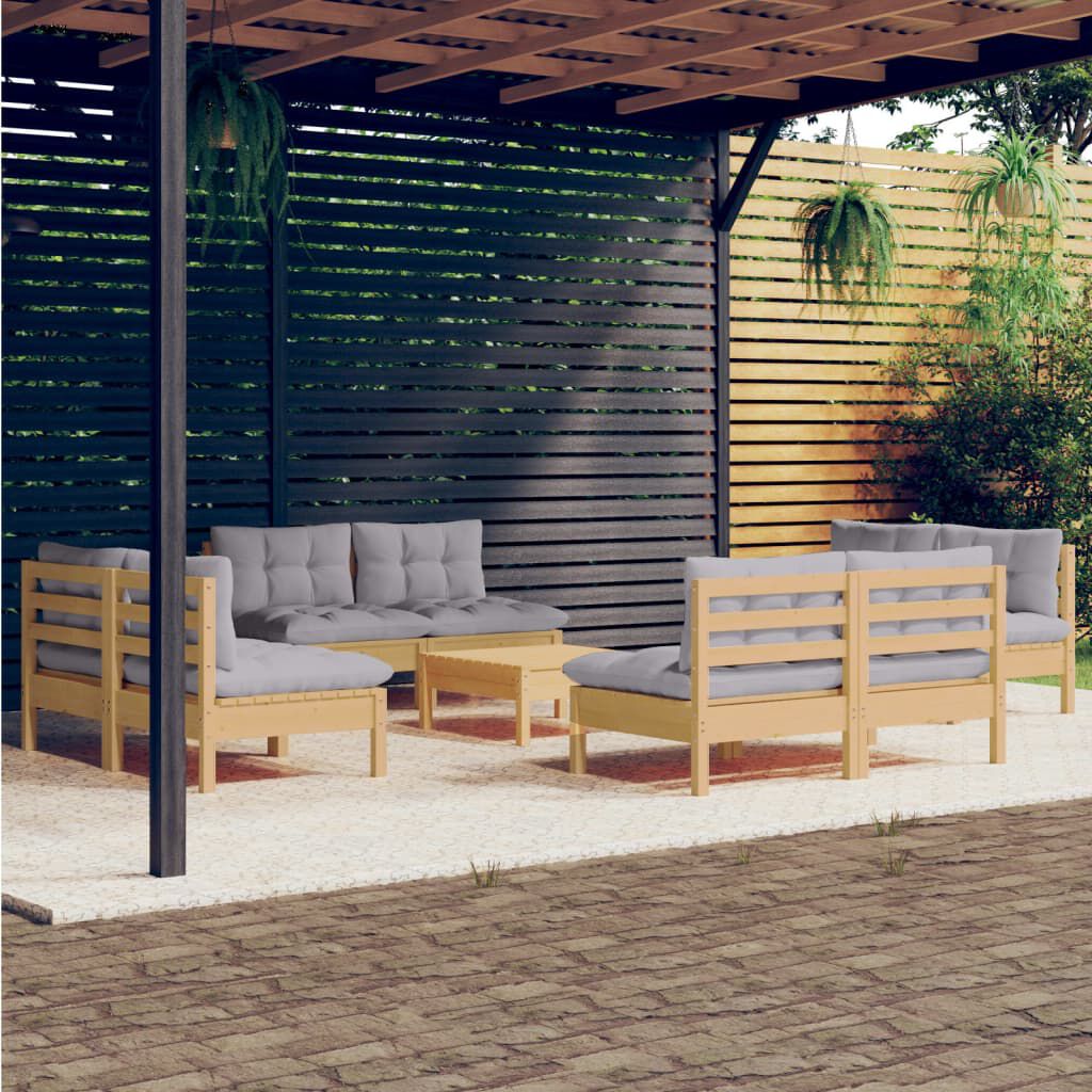 vidaXL 9 Piece Garden Lounge Set with Grey Cushions Pinewood