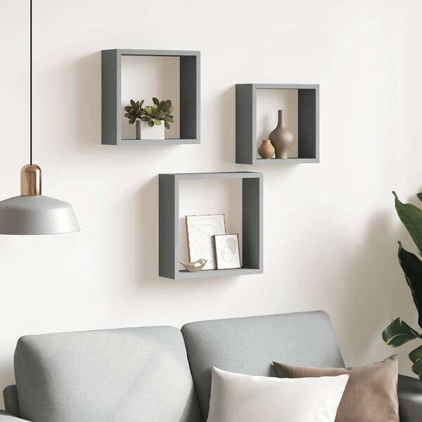 vidaXL Wall Cube Shelves 3 pcs Grey MDF