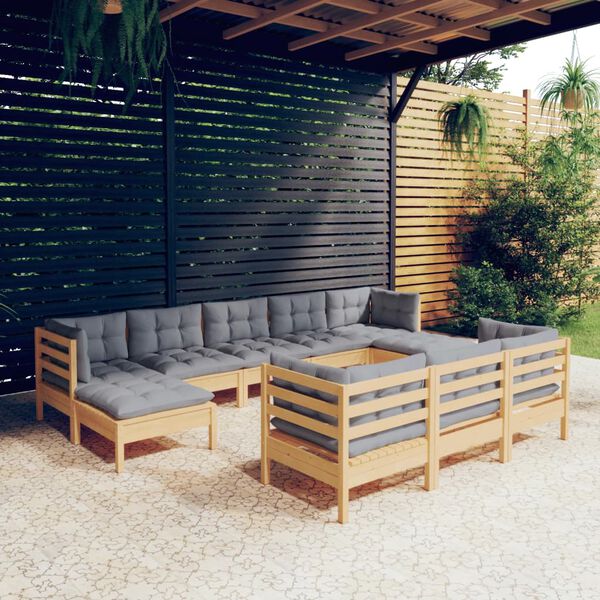 vidaXL 10 Piece Garden Lounge Set with Grey Cushions Solid Pinewood