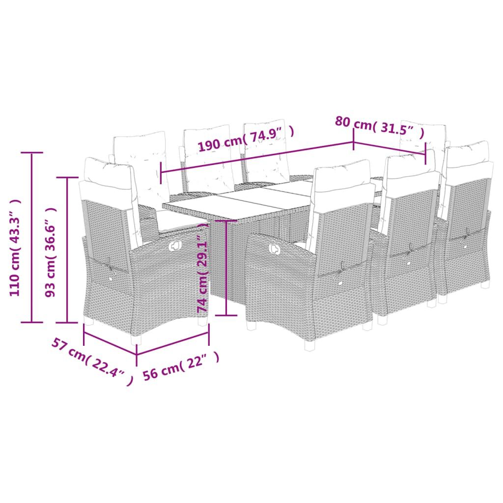 vidaXL 9 Piece Garden Dining Set with Cushions Brown Poly Rattan