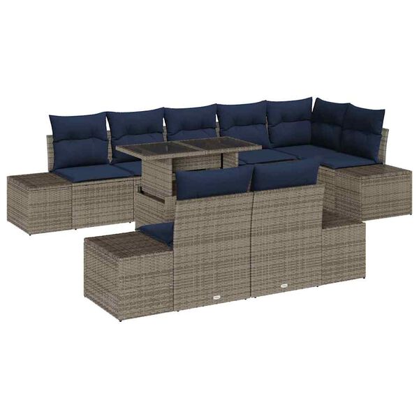vidaXL Garden Sofa Set 9 pcs Grey and Navy Blue Poly Rattan