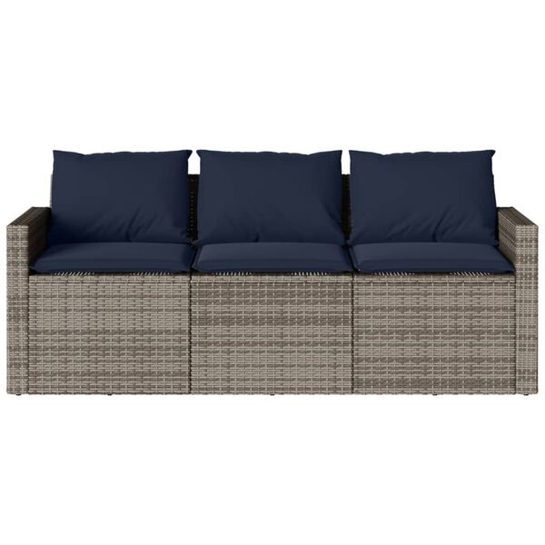 vidaXL Garden Sofa with Cushions 3-Seater Grey Poly Rattan