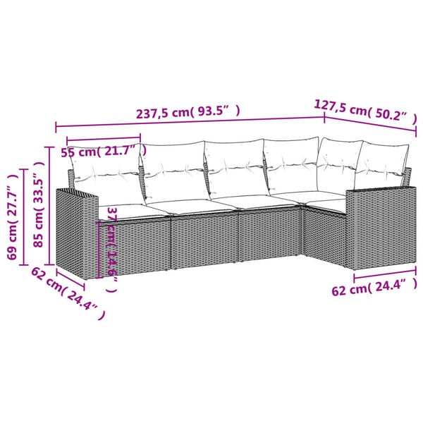vidaXL 5 Piece Garden Sofa Set with Cushions Black Poly Rattan