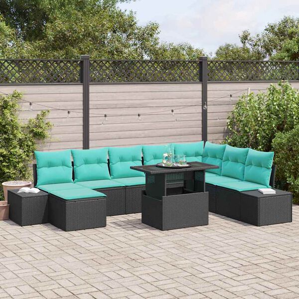 vidaXL Garden Sofa Set with Cushion 9 pcs Black and Blue Poly Rattan