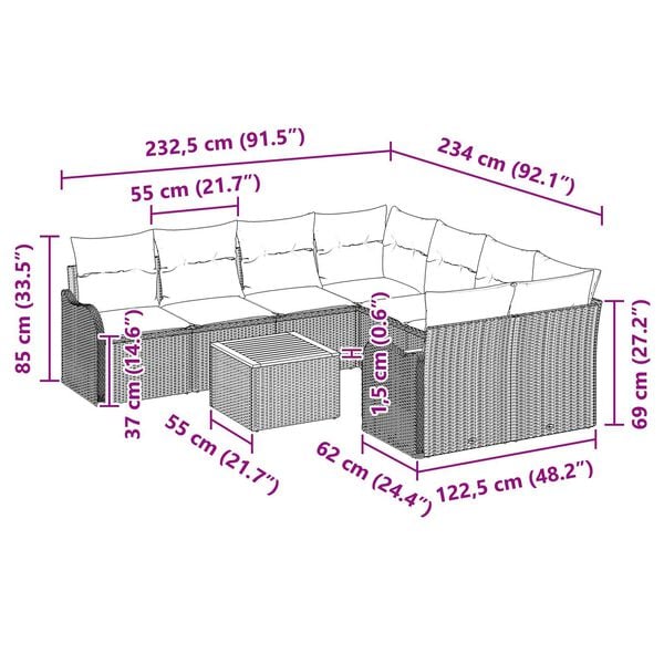 vidaXL 9 Piece Garden Sofa Set with Cushions Grey Poly Rattan Acacia