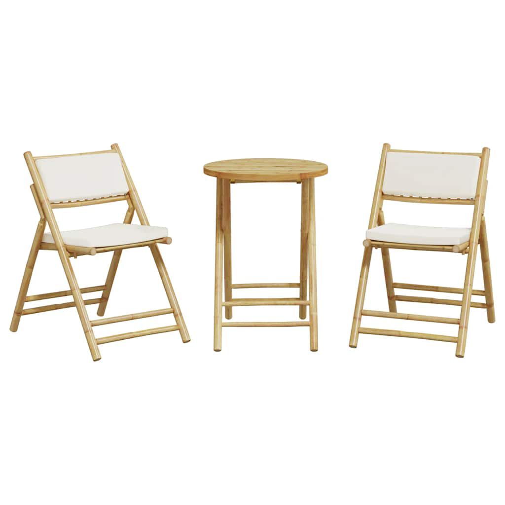 vidaXL 3 Piece Folding Bistro Set with Cream White Cushions Bamboo