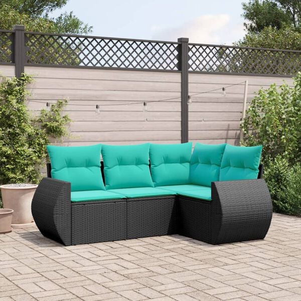 vidaXL 4 Piece Garden Sofa Set with Cushions Black Poly Rattan