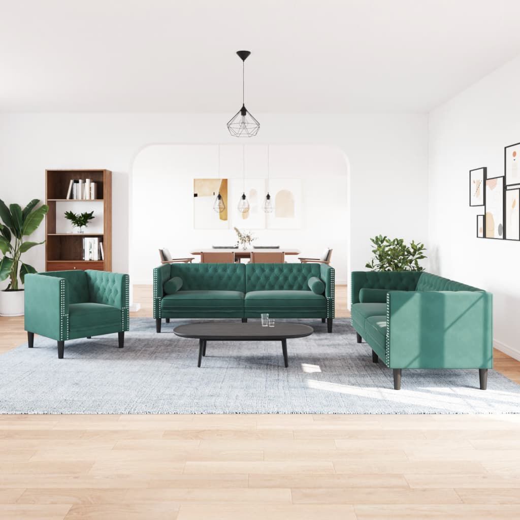 vidaXL 3 Piece Chesterfield Sofa Set with Bolsters Dark Green Velvet