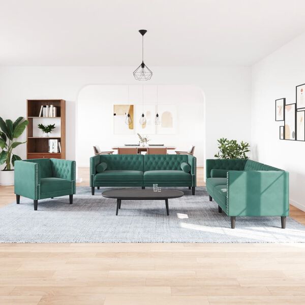 vidaXL 3 Piece Chesterfield Sofa Set with Bolsters Dark Green Velvet
