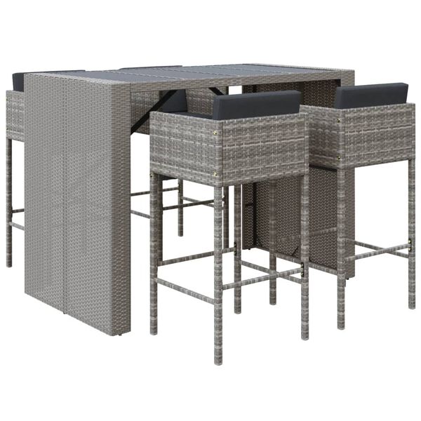 vidaXL 5 Piece Garden Bar Set with Cushions Grey Poly Rattan