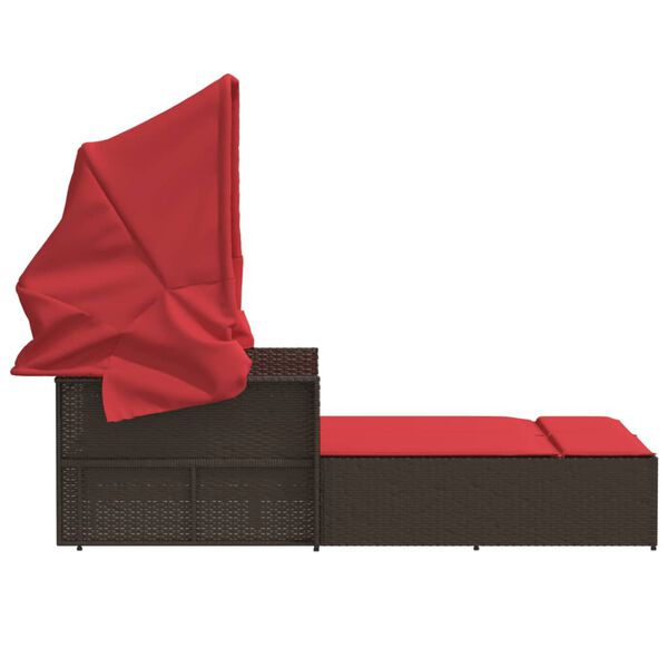 vidaXL Double Sun Lounger with Canopy and Cushions Brown Poly Rattan