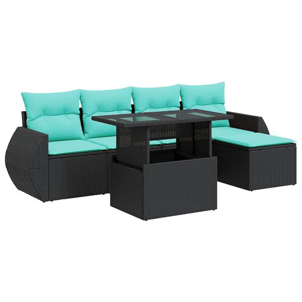 vidaXL 6 Piece Garden Sofa Set with Cushions Black Poly Rattan Acacia