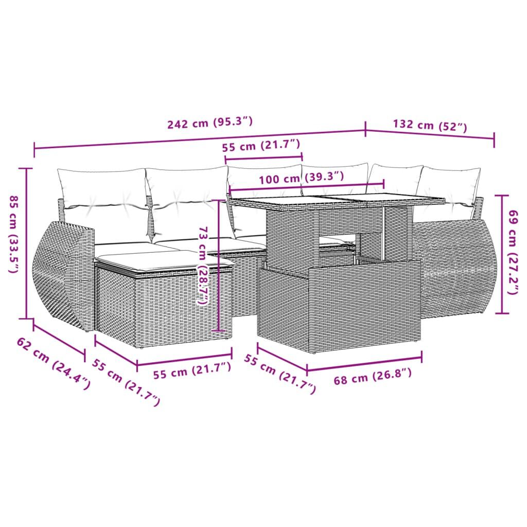 vidaXL 7 Piece Garden Sofa Set with Cushions Grey Poly Rattan