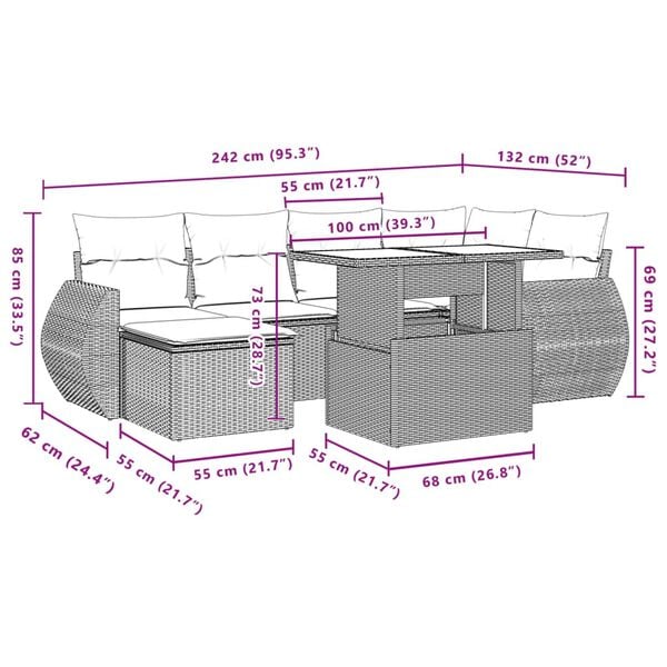 vidaXL 7 Piece Garden Sofa Set with Cushions Grey Poly Rattan