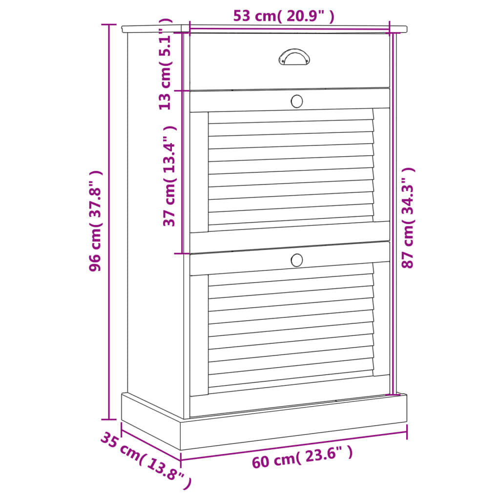 vidaXL Shoe Cabinet VIGO 60x35x96 cm White Solid Wood Pine